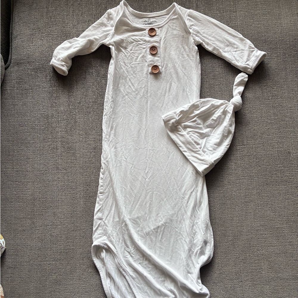 Caden Lane White Baby Gown with Wooden Button